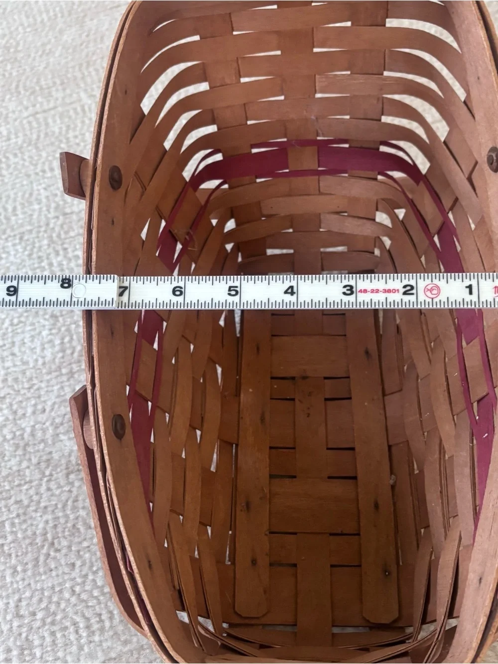 Longaberger 1991 Natural Wood Basket with Raspberry Accent